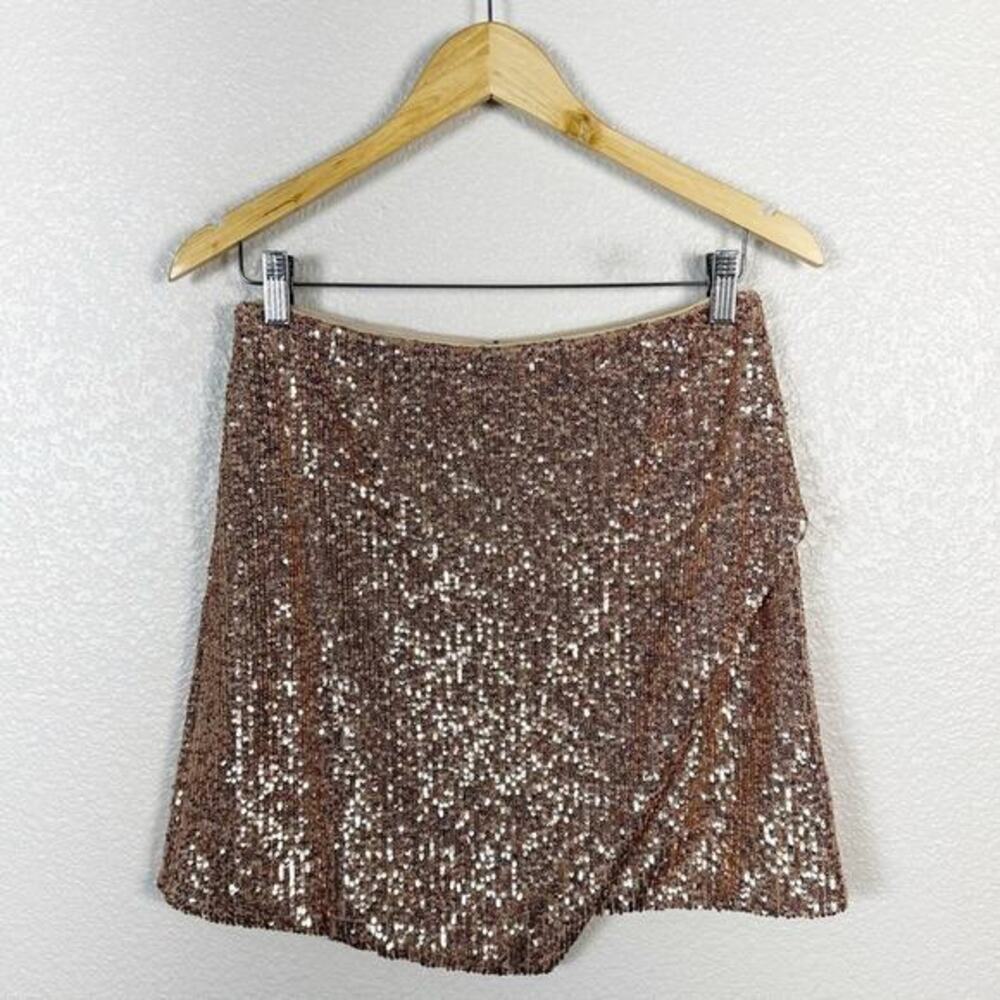 ML Monique Lhuillier Womens Faux Wrap Sequin Mini Skirt in Rose Gold Size‎ 4